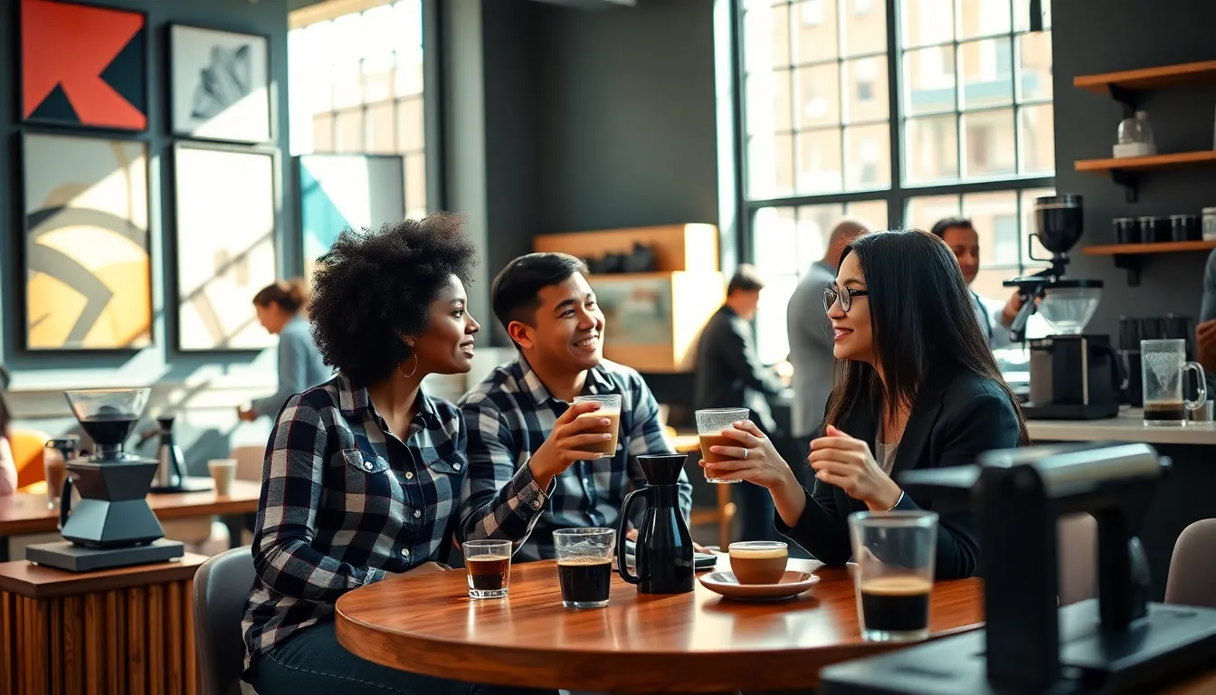 diverse group enjoying coffee in a modern NYC café.