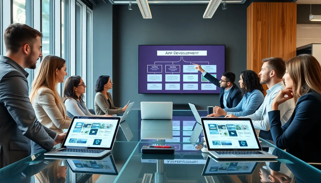 diverse team collaborating on mobile app development in a modern office.