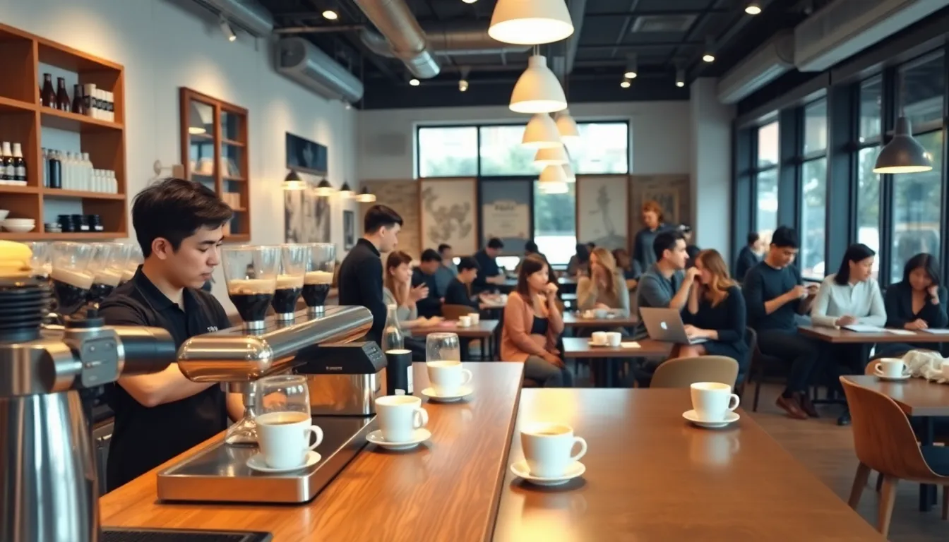diverse people enjoying coffee in a modern café setting.