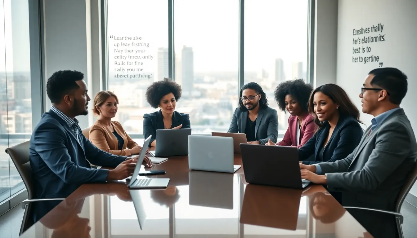 professionals discussing relationship advice in a modern office.